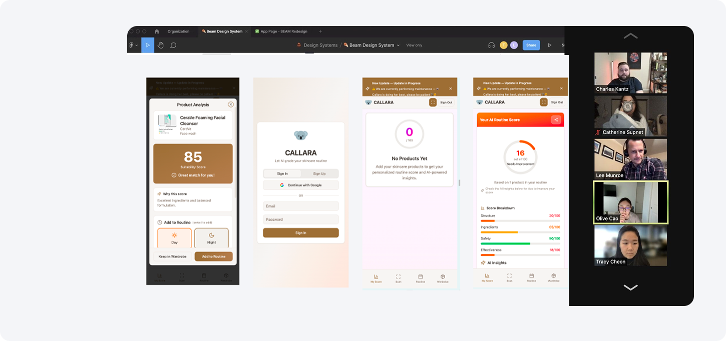 Live Figma working session with Callara founders and engineers on a video call