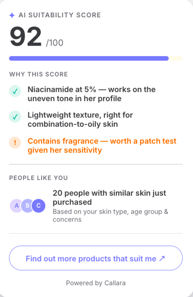 AI suitability score — 92 out of 100 with why-this-score reasons and people-like-you