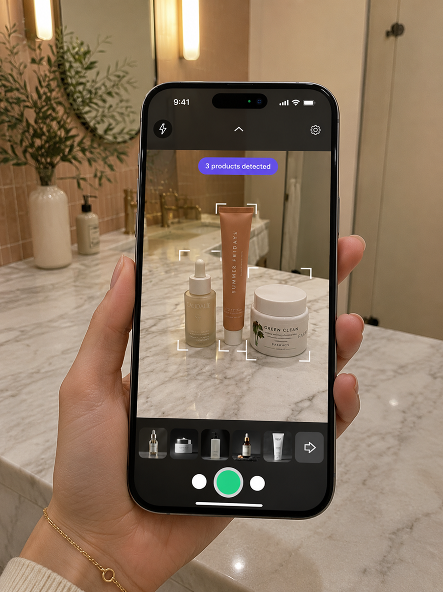 Scanning products on a bathroom counter — 3 products detected