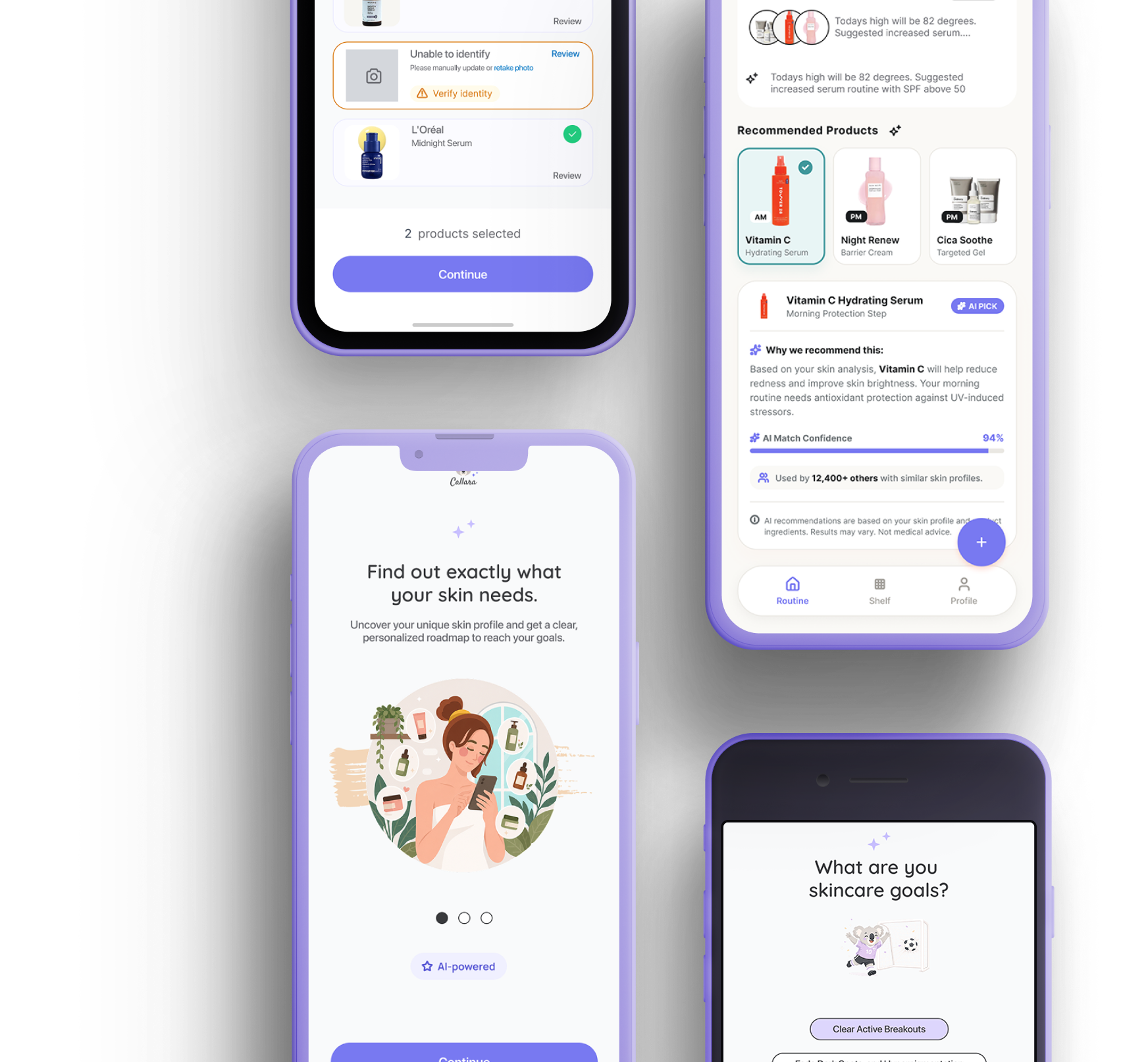 Callara app screens — onboarding, AI routine recommendations, product review and skincare goals