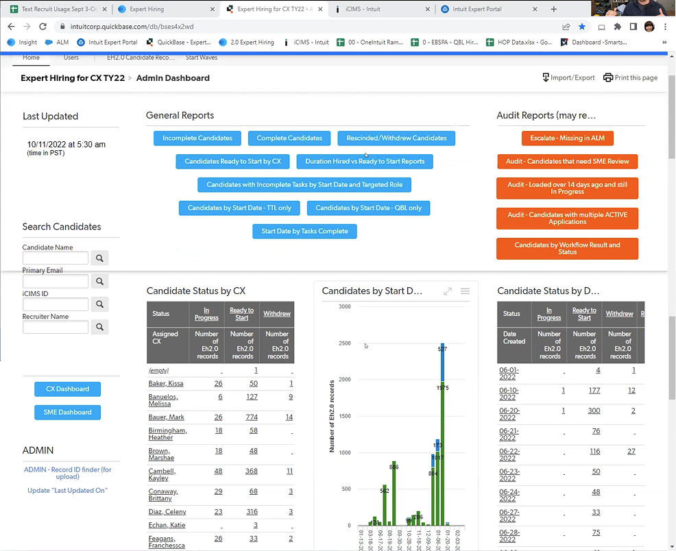 Quickbase Expert Hiring admin dashboard with candidate reports and charts